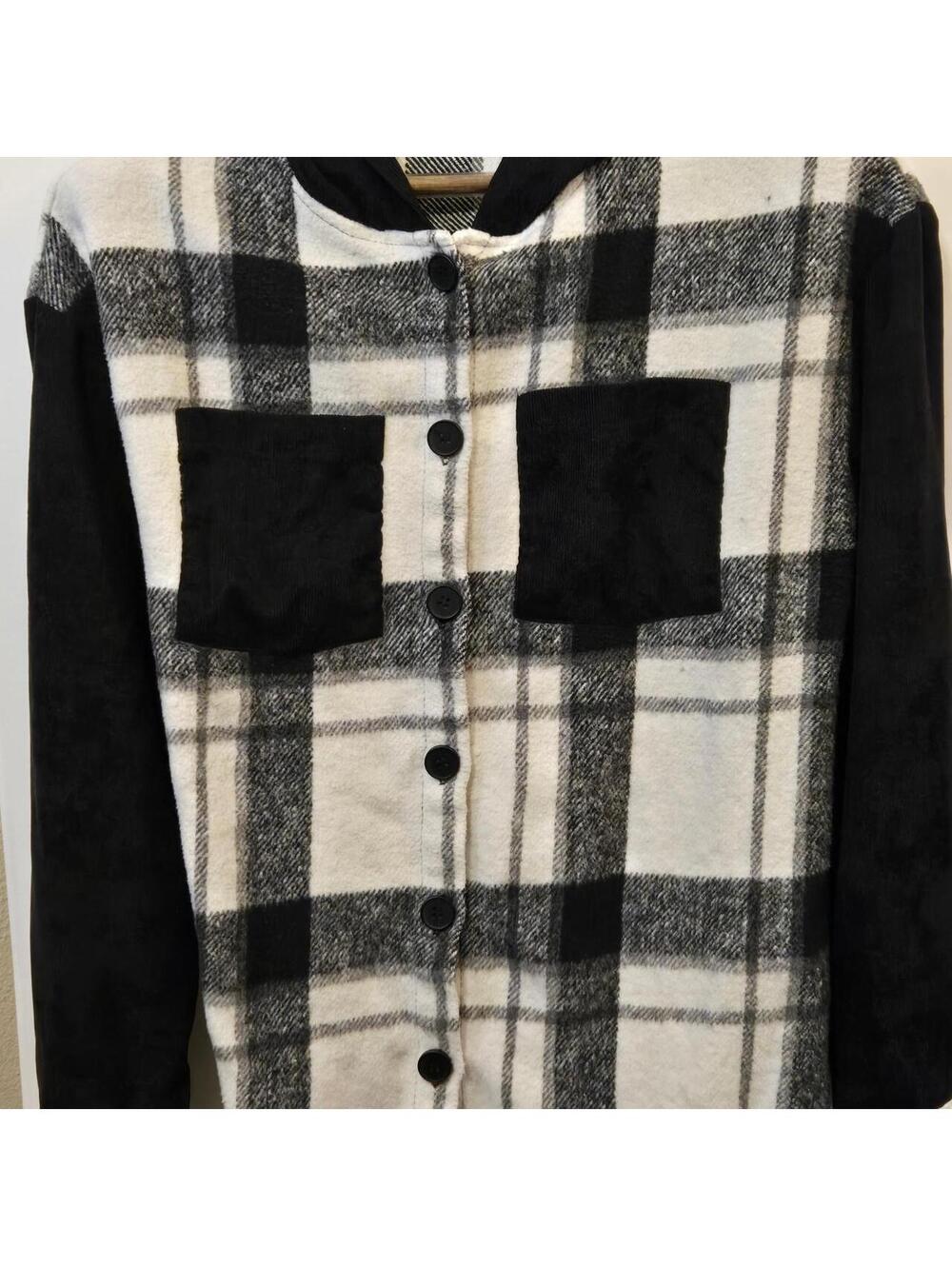 SHEIN Monochrome Plaid Hooded Shacket